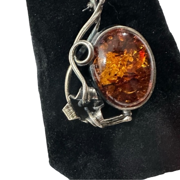 Vtg Signed M 925 Sterling Silver Natural Amber Cabochon Floral Brooch Pin 2” 13g - Picture 15 of 16